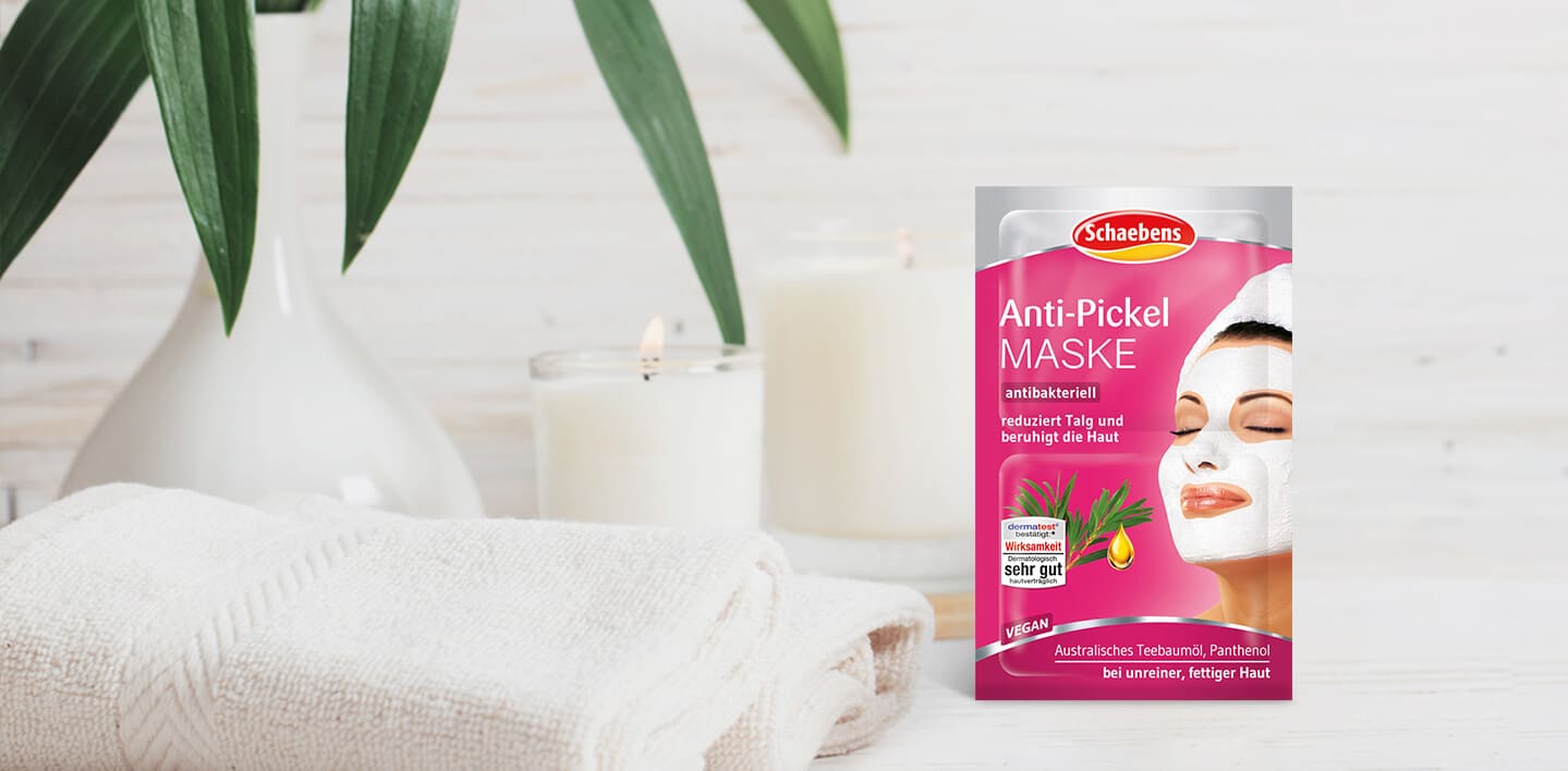 anti-pickel-maske-gesichtspflege-pflege-gesichtsmaske-schaebens-teebaumoel-pflanzliches-wirkkomplex-panthenol-vegan-antibakteriell-hautklaerend-beruhigt-mattiert-verpackung-pink-header