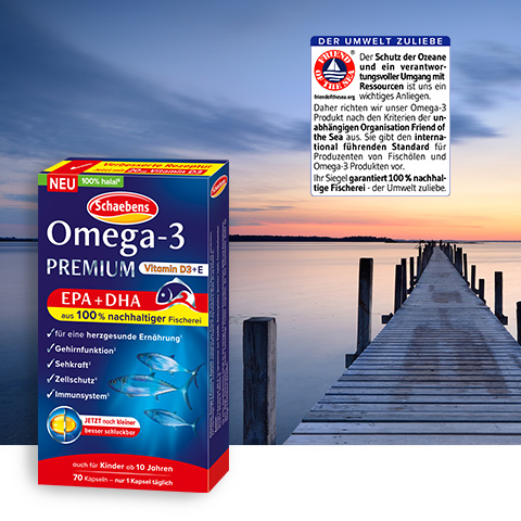 Headerbild Produktabbildung von Omega-3 Premium Vitamin D3 + E