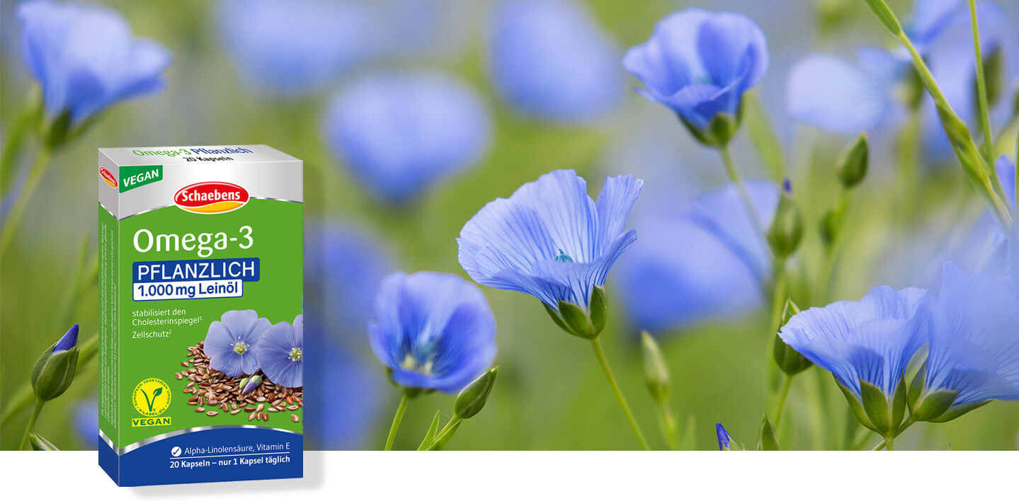 omega-3-pflanzlich-nahrungsergaenzungsmittel-schaebens-alpha-linolensaeure-vitamin-e-fettsaeure-leinoel-cholesterinbewusst-vegan-header-wiese-gruen-blau