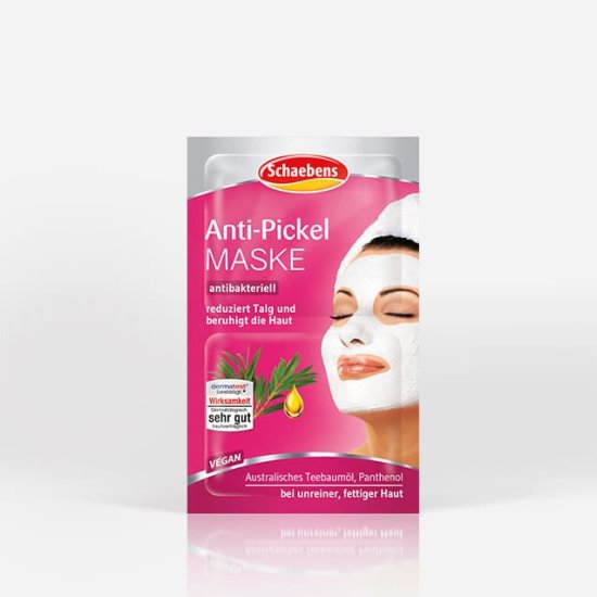 anti-pickel-maske-gesichtspflege-pflege-gesichtsmaske-schaebens-teebaumoel-pflanzliches-wirkkomplex-panthenol-vegan-antibakteriell-hautklaerend-beruhigt-mattiert-verpackung-pink-teaser