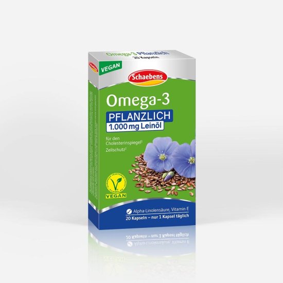 omega-3-pflanzlich-nahrungsergaenzungsmittel-schaebens-alpha-linolensaeure-vitamin-e-fettsaeure-leinoel-cholesterinbewusst-vegan-teaser-gruen-blau-verpackung
