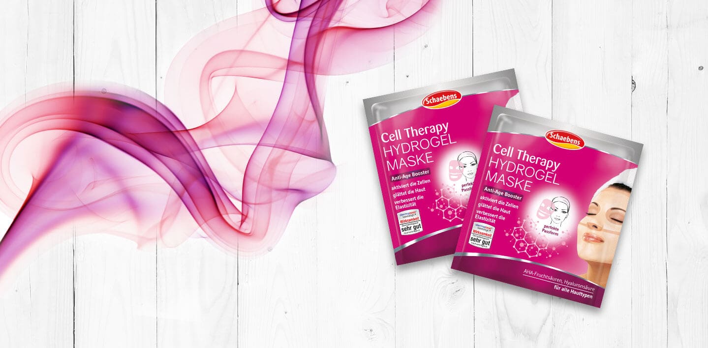 cell-therapy-hydrogel-maske-aha-fruchtsäure-hyaluronsäure-gesichtspflege-gesichtsmaske-schaebens-beauty-anti-age-booster-aktiviert-glättet-verbessert-Elastizität-header-pink-verpackung