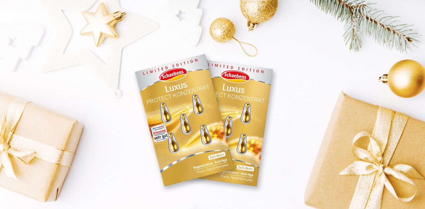 luxus-protect-konzentrat-gesichtspflege-schaebens-weihnachten-deko-glow-gold-platin-glitzer-sparkle