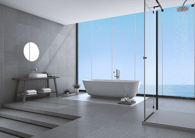 Modernes Badezimmer mit freistehender Badewanne, großer Fensterfront und Regendusche, graue Fliesen und minimalistisches Design.