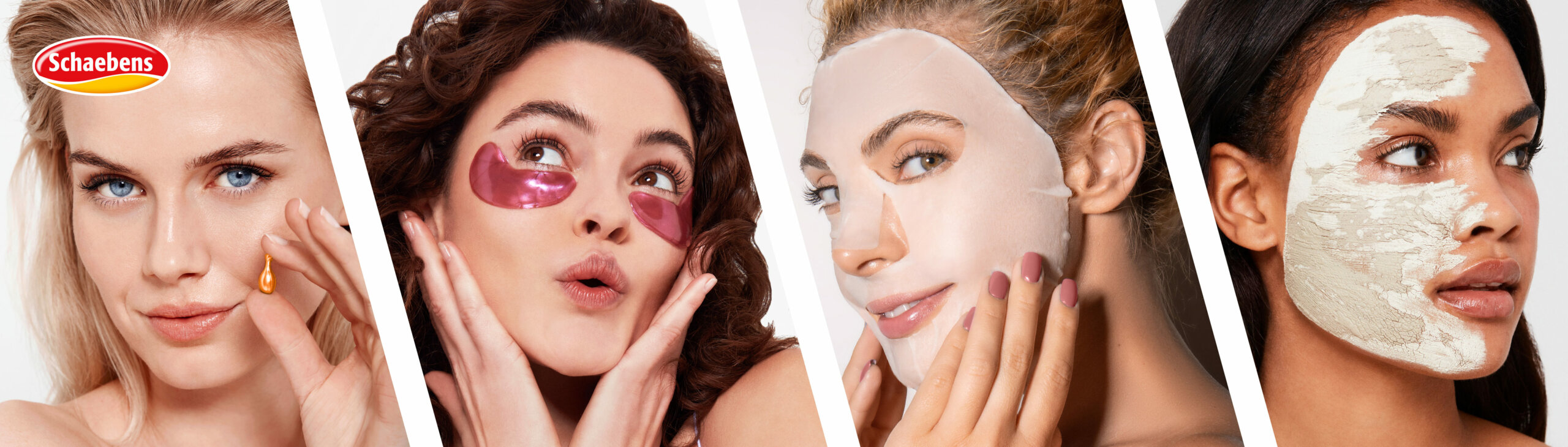 Header2 Vier Frauen mit verschiedenen Gesichtsmasken und Pflegeprodukten auf weißem Hintergrund.