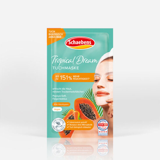 Verpackung einer Tuchmaske mit Papaya und Feigenkaktus, Frau mit Maske, Logo Schaebens, vegan, biologisch abbaubar.