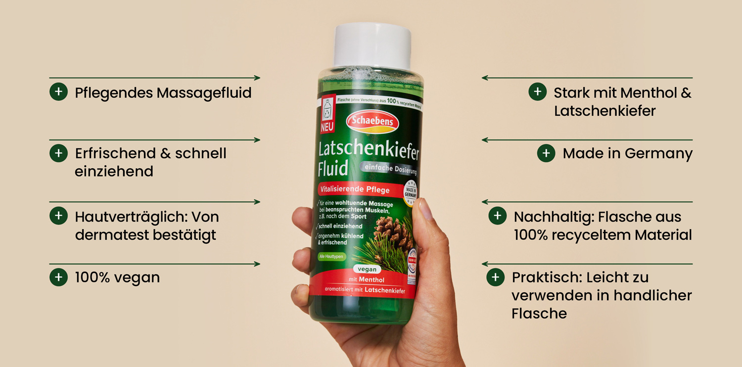 Hand hält eine grüne Flasche Schaebens Latschenkiefer Fluid, umgeben von Stichworten zu Produkteigenschaften.