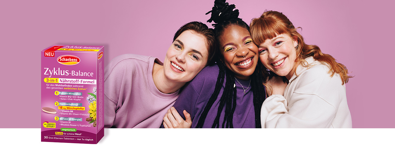 iI Hintergrund sind 3 Frauen im alter zwischen 20 und 40, auf rosa Hintergrund zu sehen, davor steht das Zyclus Balance nahrungsergänzungsmittel von Schaebens.