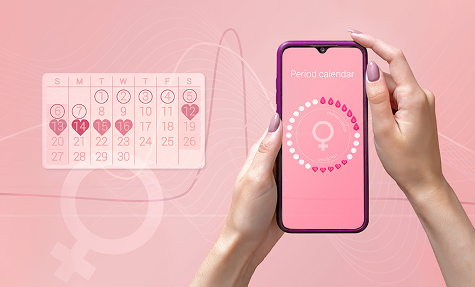 Eine Hand hält ein Smartphone mit Menstruationskalender-App, daneben ein Monatskalender auf rosa Hintergrund.