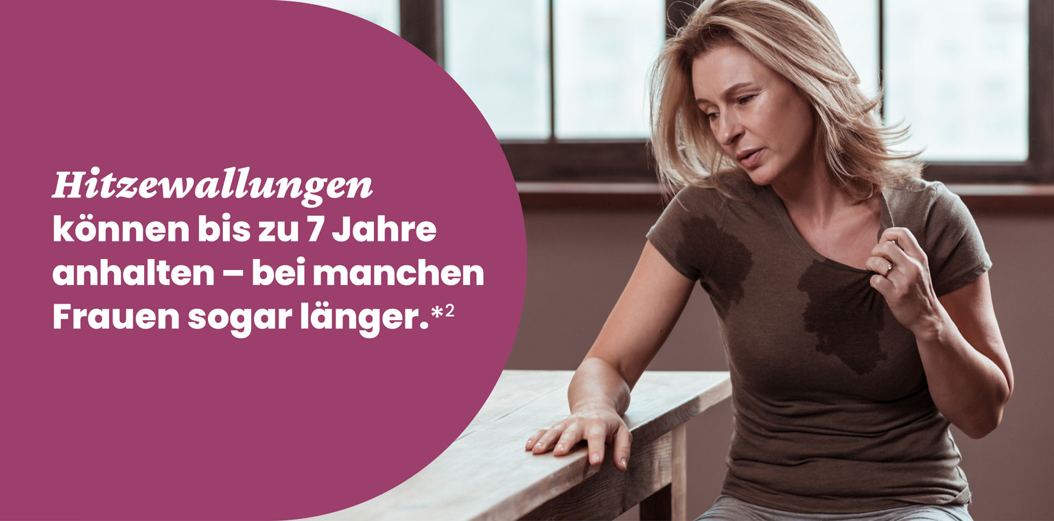 Eine Frau mit Schweißflecken sitzt nachdenklich am Tisch, daneben Text über Hitzewallungen.