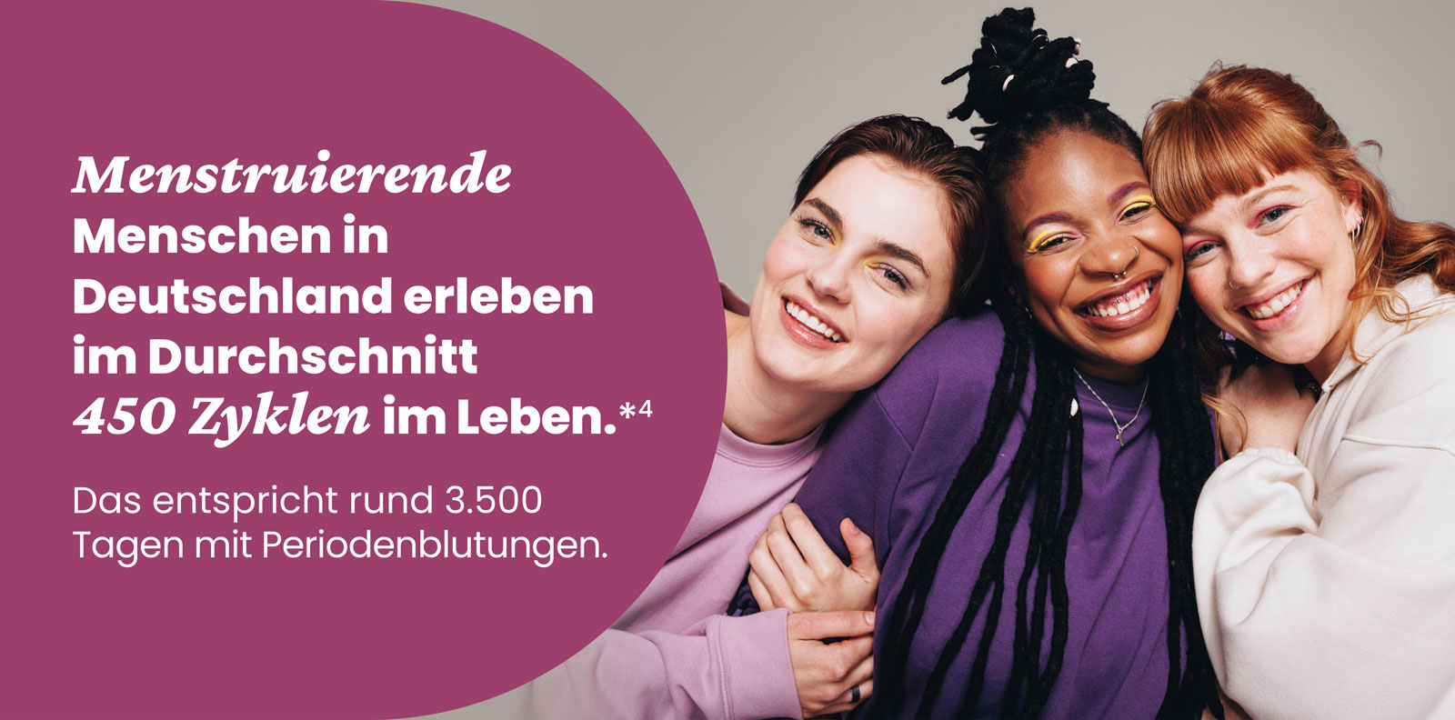 Drei lächelnde Personen umarmen sich vor einem Text über Menstruationszyklen in Deutschland auf lila Hintergrund.