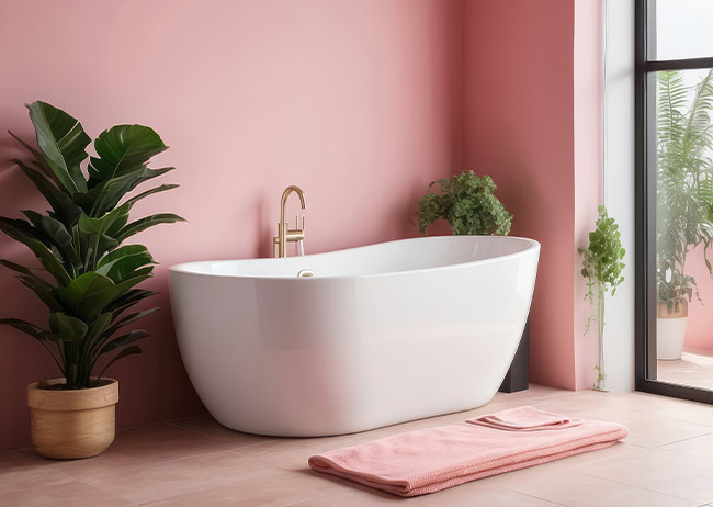 Badezimmer, mittig eine Badewanne. Rechts der Badewanne ein Fenster, zur linken eine Blume.