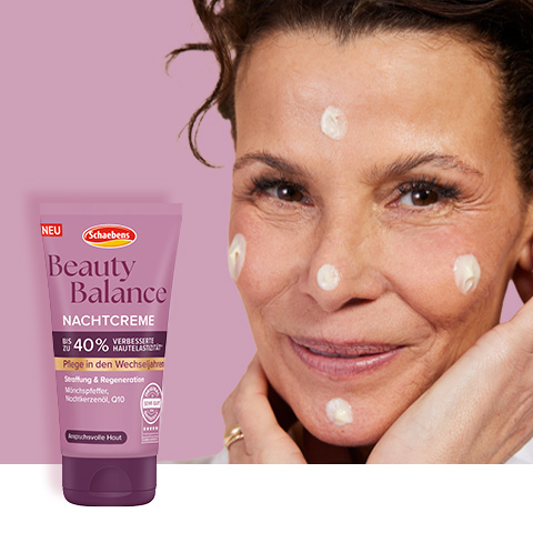 Links ist die Nachtcreme in der Tube abgebildet. Auf der rechten ist das Model in der Anwendungssituation.