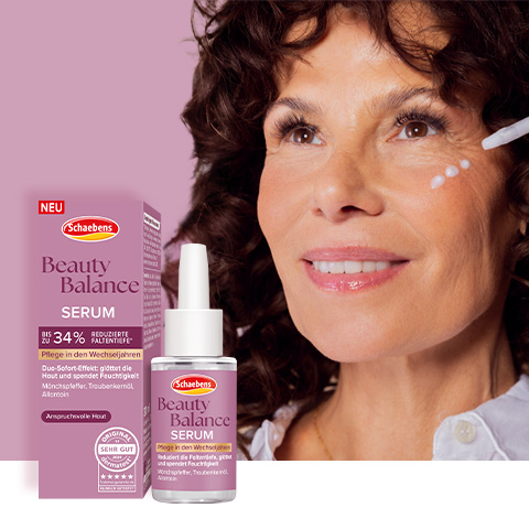 Links ist das Serum in der Serumflasche mit Pipette abgebildet. Auf der rechten ist das Model in der Anwendungssituation.