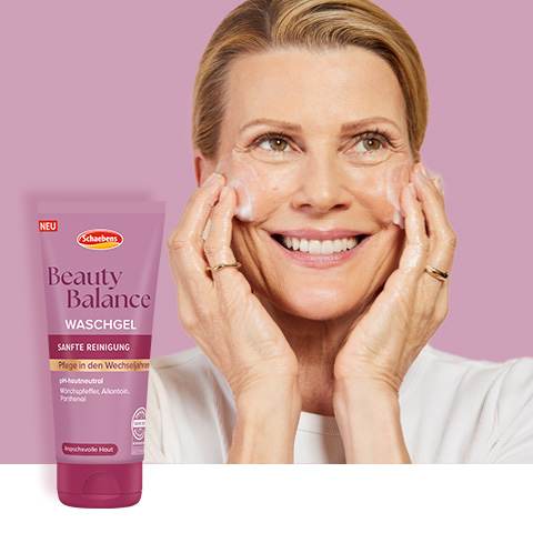 Links ist die Waschgel in der Tube abgebildet. Auf der rechten ist das Model in der Anwendungssituation.