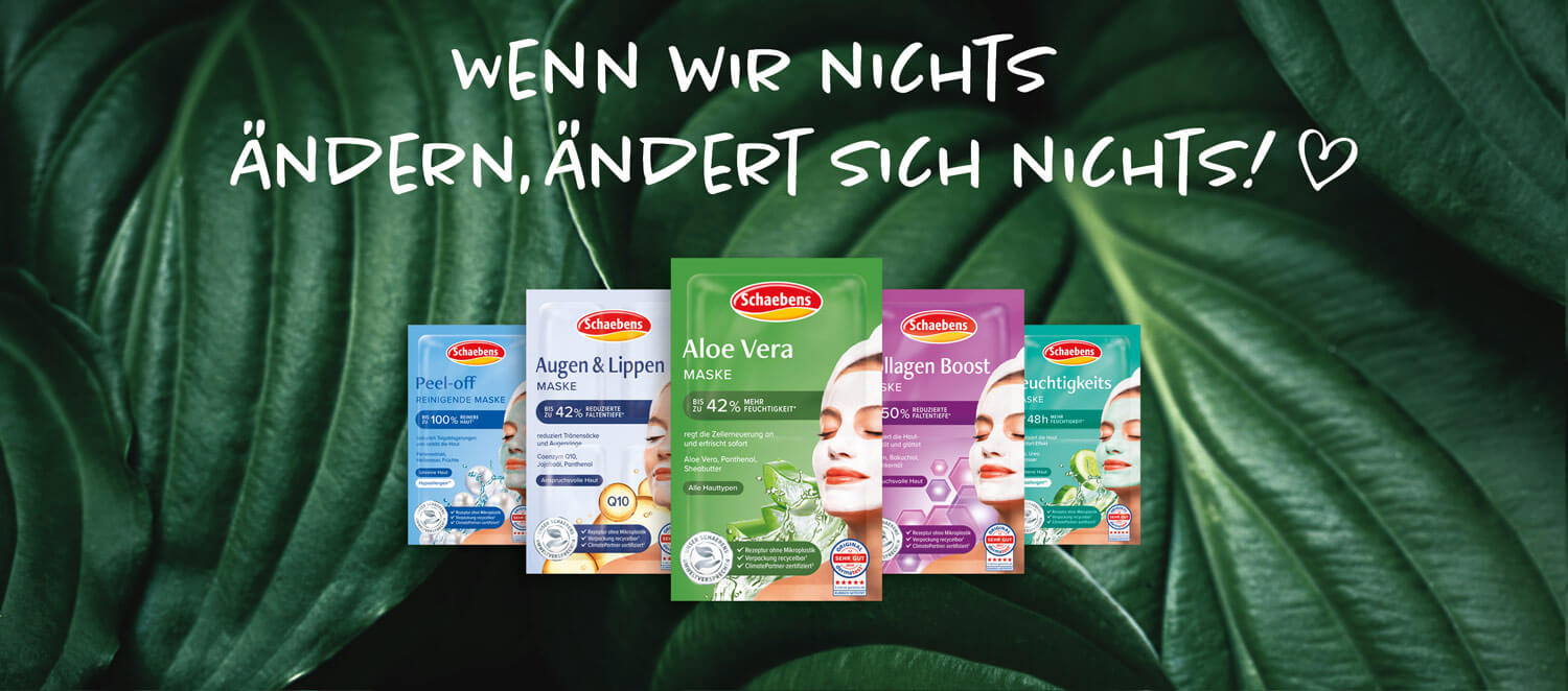 Umweltversprechen Fünf Gesichtsmasken auf grünem Blatt, Text: Wenn wir nichts ändern, ändert sich nichts!