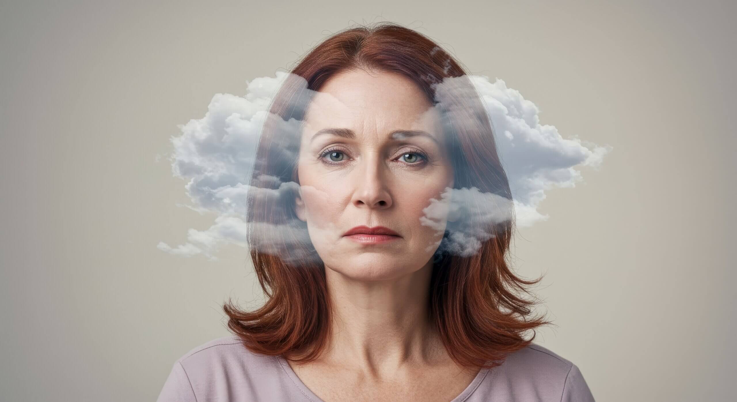 Menopause Brain Fog: A Woman's Struggle with Memory Loss and Anxiety - Woman experiencing menopause brain fog, memory loss, and anxiety. Clouds symbolize mental confusion, forgetfulness, emotional distress, and hormonal imbalance. depicts the struggles of menopause Menopause Brain Fog: A Woman’s Struggle with Memory Loss and Anxiety – Woman experiencing menopause brain fog, memory loss, and anxiety. Clouds symbolize mental confusion, forgetfulness, emotional distress, and hormonal imbalance. depicts the struggles of menopause