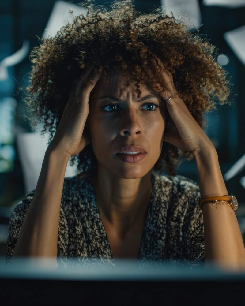 A moment of overwhelm captures the intense stress of a professional, surrounded by chaotic paperwork. ..Created with Generative AI, not depicting real subjects. A moment of overwhelm captures the intense stress of a professional, surrounded by chaotic paperwork. ..Created with Generative AI, not depicting real subjects.