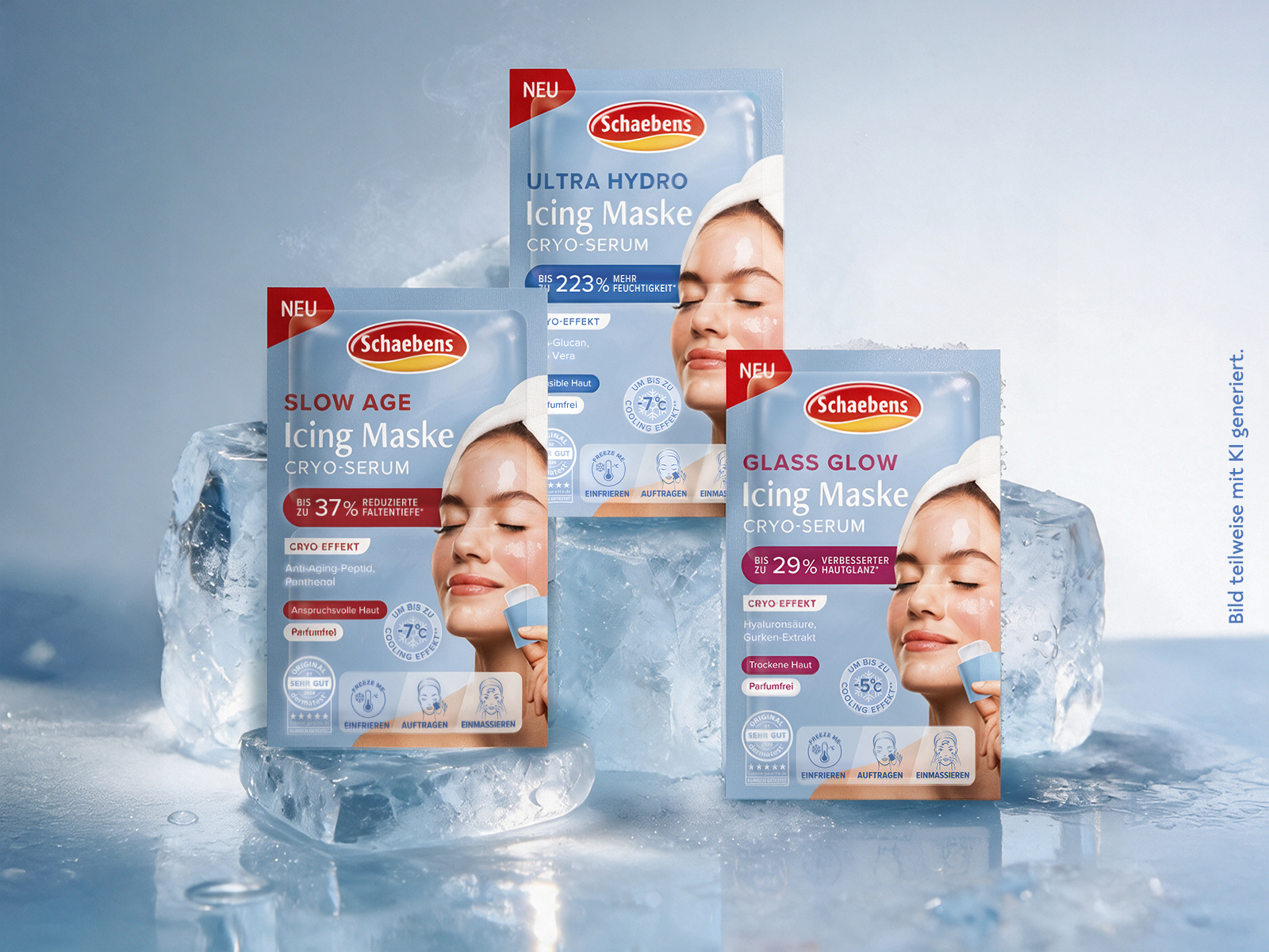 Transparente Eiswürfel und eine gläserne Serumkugel auf eisblauem Hintergrund.